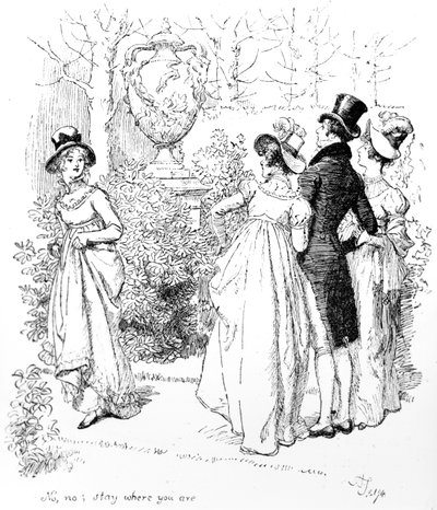 「いいえ、いいえ、今いるところにいてください」、イラストはジェーン・オースティンの「Pride und Prejudice」から1894年に発行された版 作： Hugh Thomson